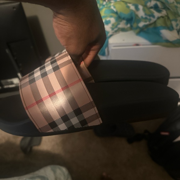 Burberry Plaid Slide Sandals - Black and Tan - Picture 1 of 4